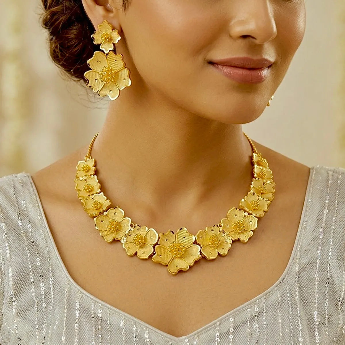 Gold Micro Plated Dubai Floral Necklace Set For Women