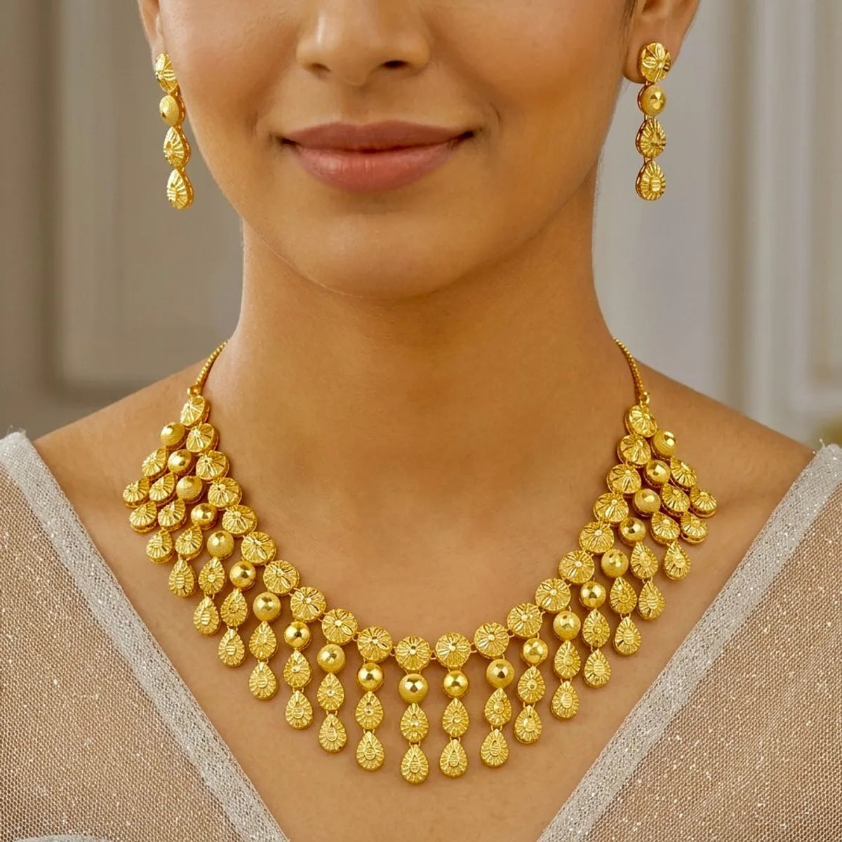 Gold Micro Plated Dubai Circular Motif Drop Necklace Set