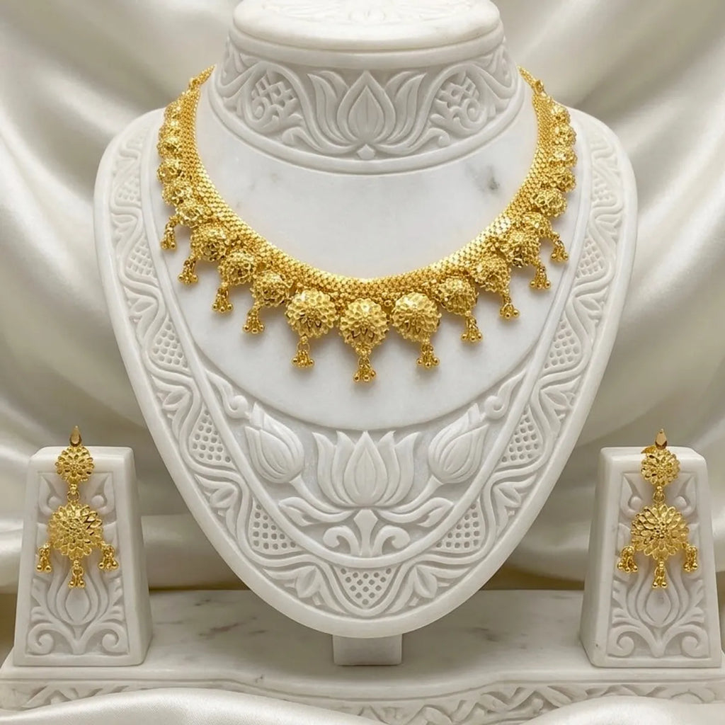 Gold Micro Plated Copper Floral Drop Necklace Earrings Set