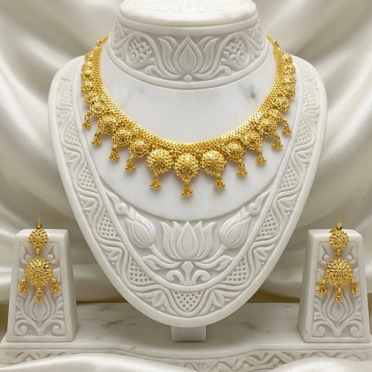 Gold Micro Plated Copper Floral Drop Necklace Earrings Set