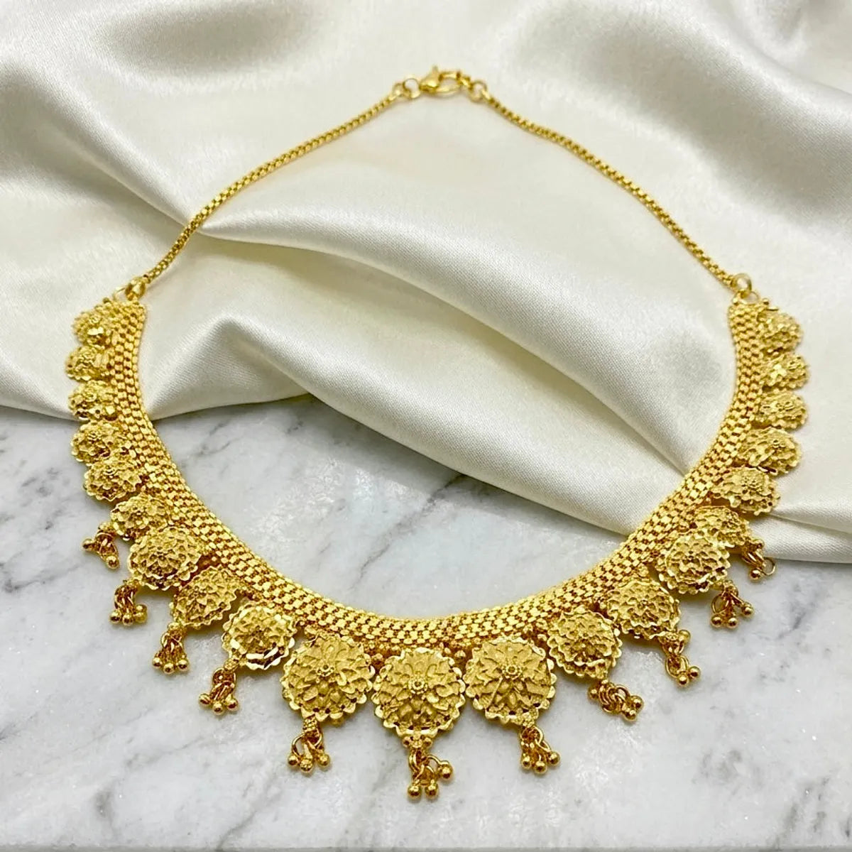 Gold Micro Plated Copper Floral Drop Necklace Earrings Set