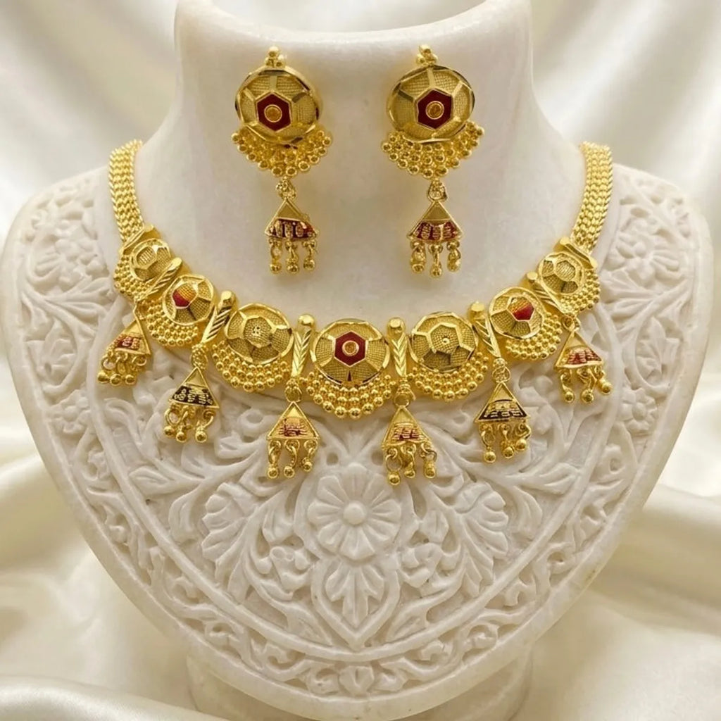 Gold Micro Plated Meenakari Round Mesh Necklace Set For Women