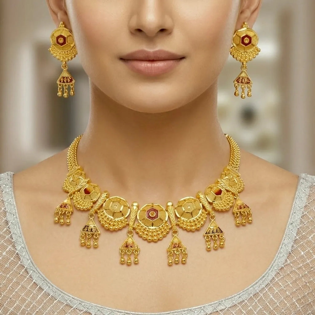 Gold Micro Plated Meenakari Round Mesh Necklace Set For Women