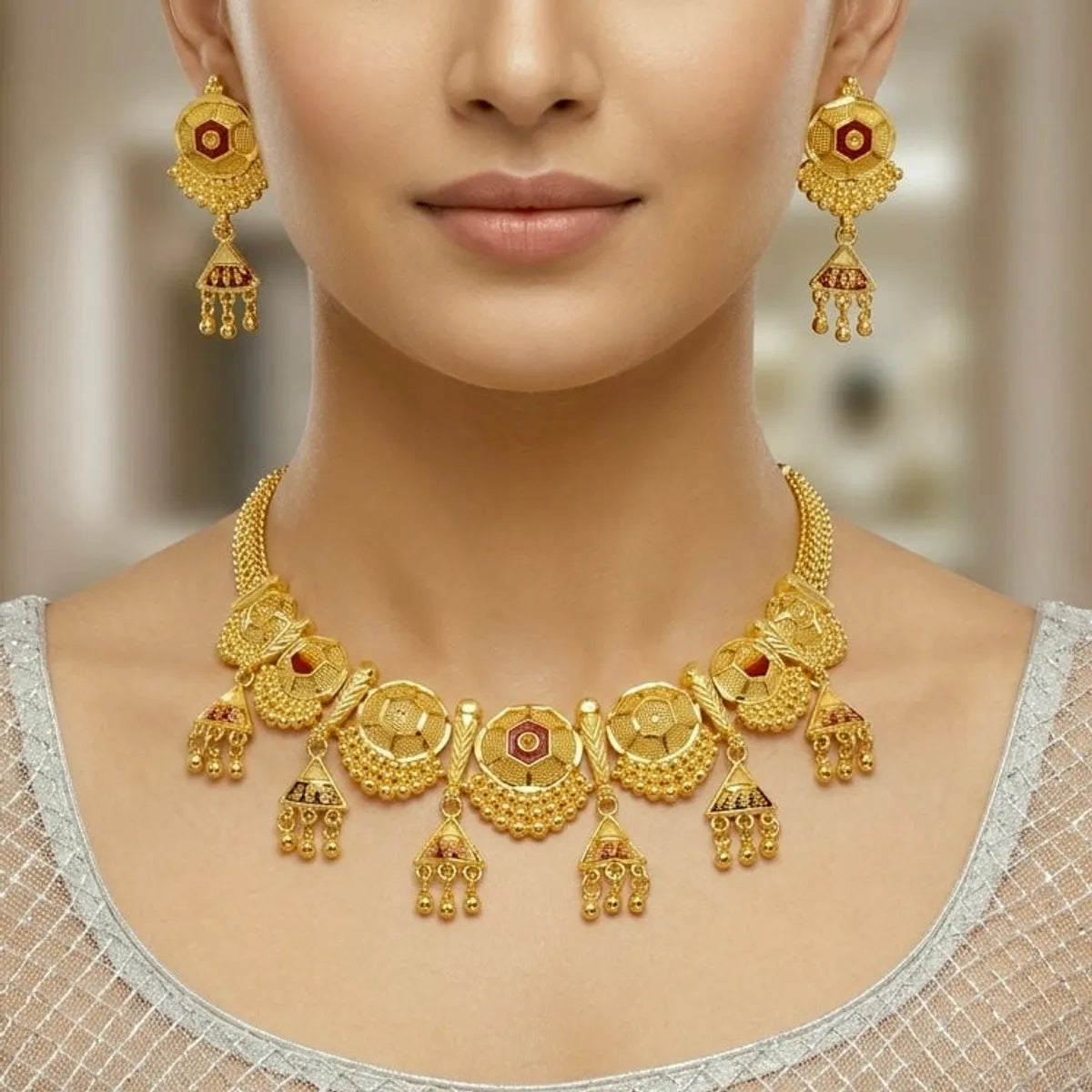Gold Micro Plated Meenakari Round Mesh Necklace Set For Women