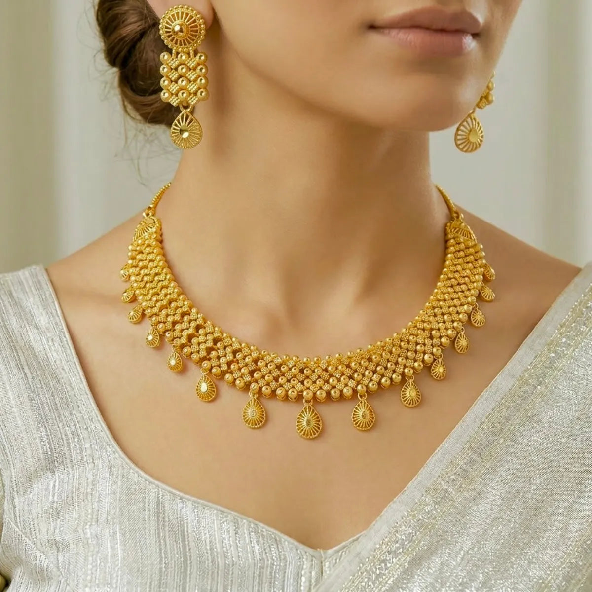 Gold Micro Plated Copper Dubai Beaded Drop Pendant Necklace Set
