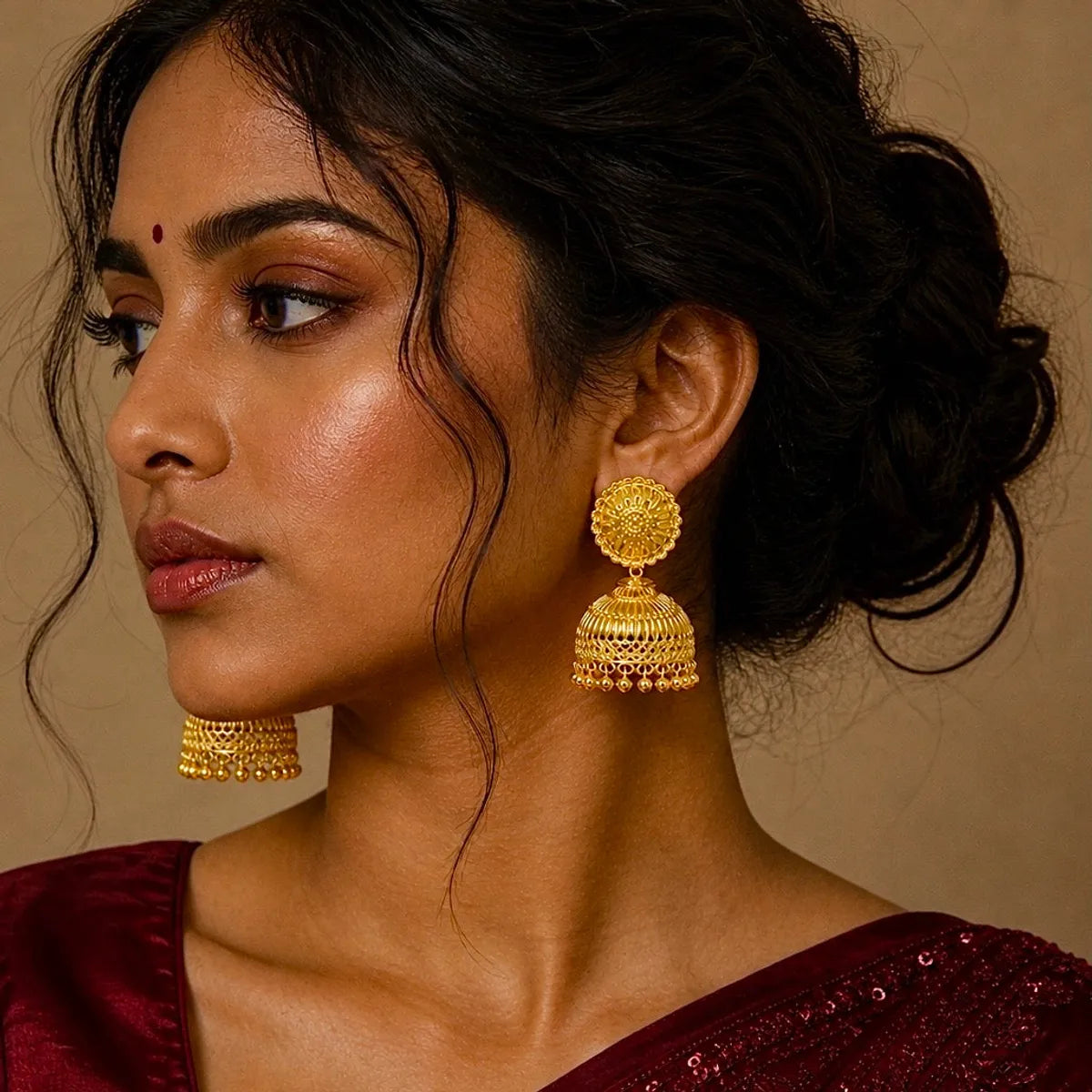 Gold Plated Ghungroo Mesh Temple Style Jhumki Earrings For Women