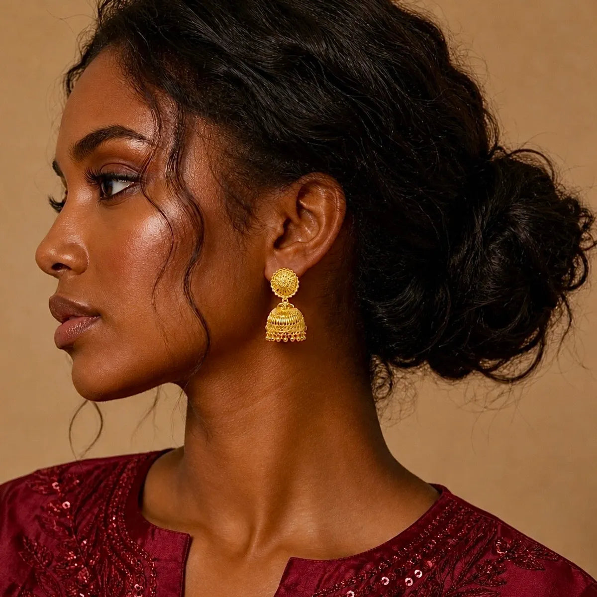 Gold Plated Ghungroo Mesh Temple Style Jhumki Earrings For Women