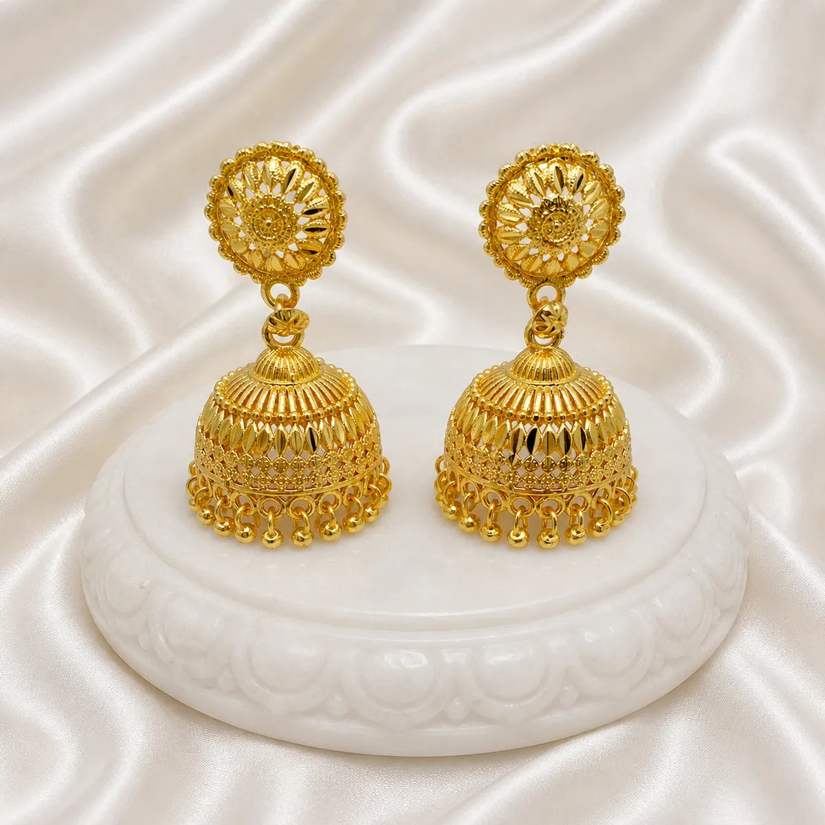Gold Plated Ghungroo Mesh Temple Style Jhumki Earrings For Women