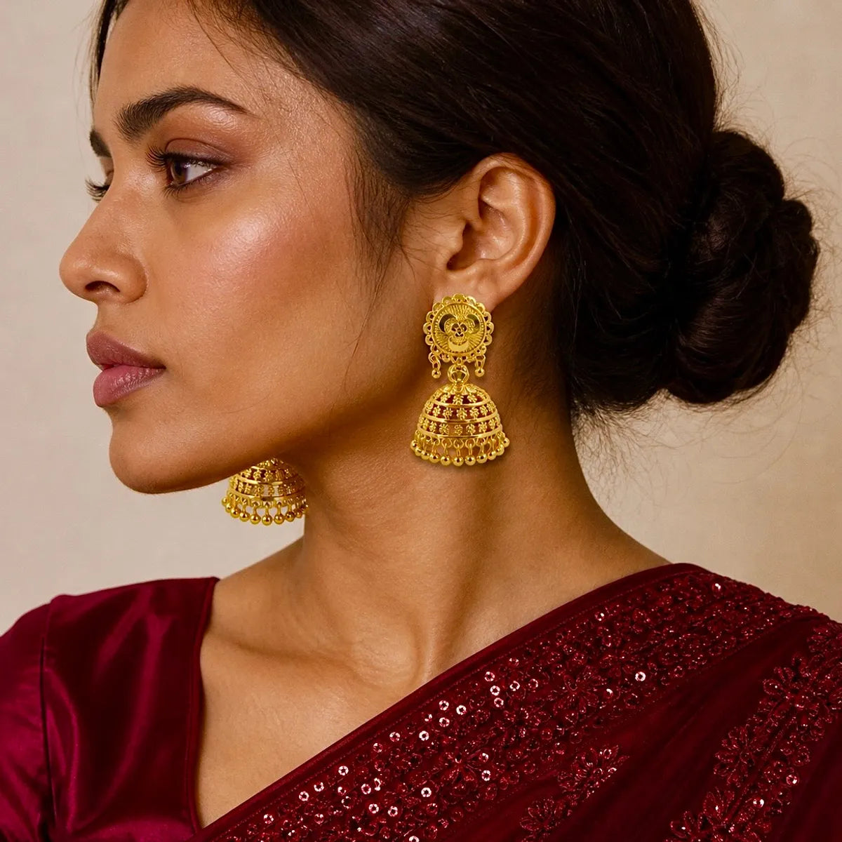Gold Plated Floral Tiered Ghungroo Jhumka Earrings For Women