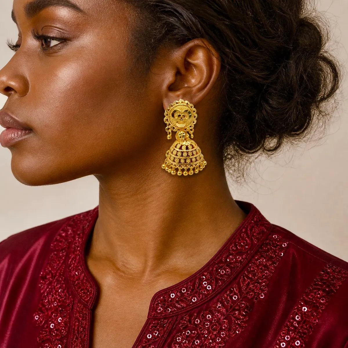 Gold Plated Floral Tiered Ghungroo Jhumka Earrings For Women