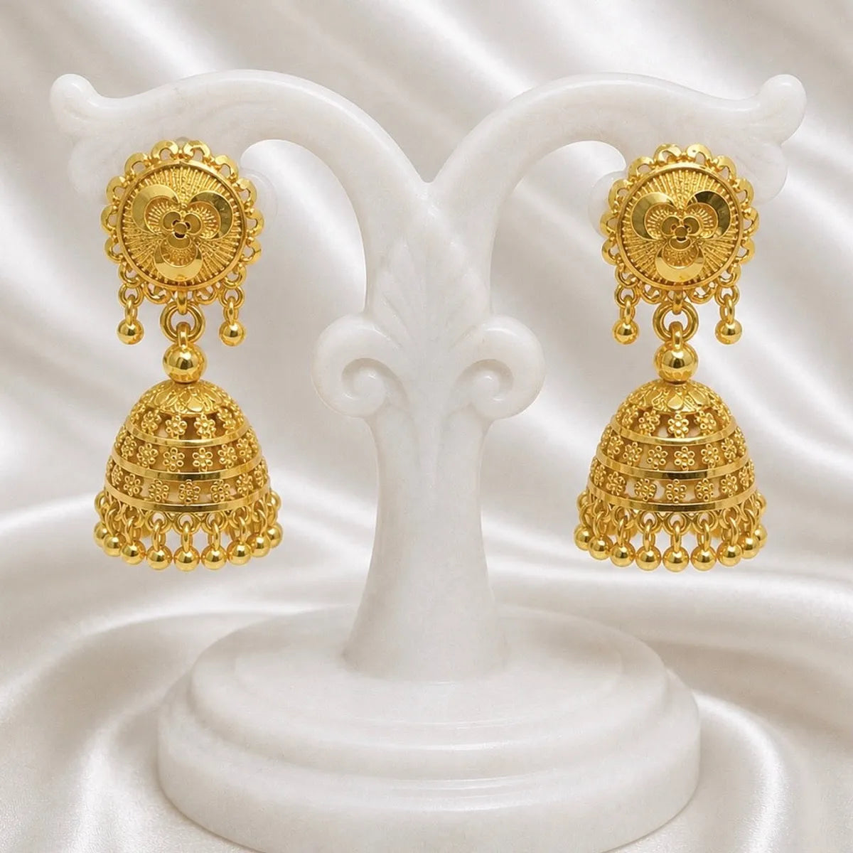 Gold Plated Floral Tiered Ghungroo Jhumka Earrings For Women