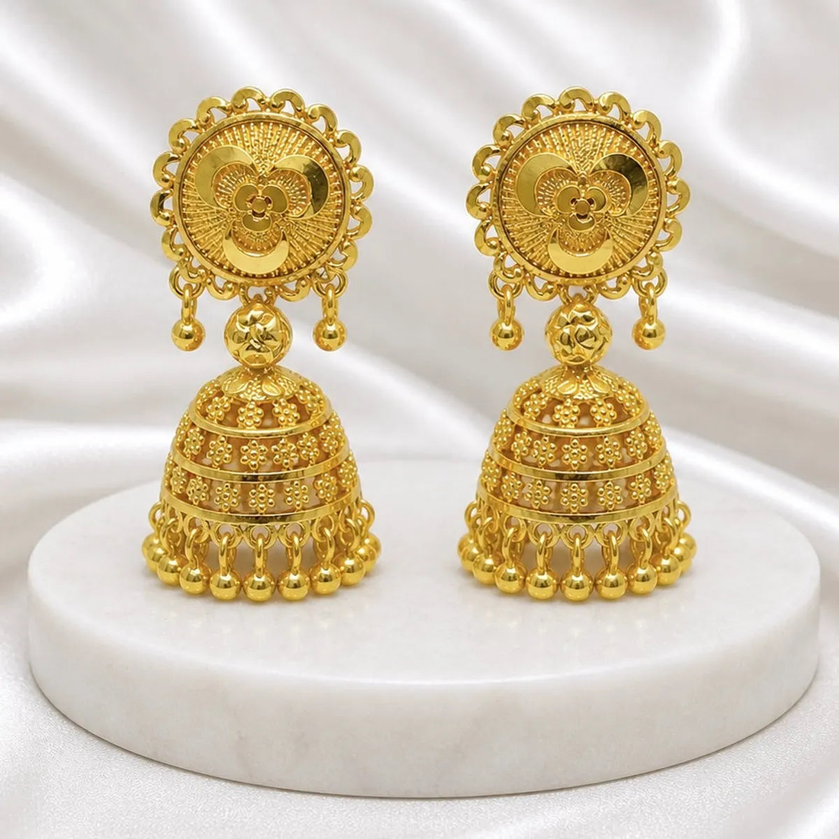 Gold Plated Floral Tiered Ghungroo Jhumka Earrings For Women