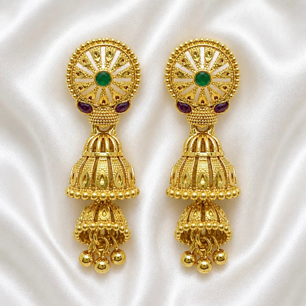 Gold Copper Ghungroo Leaf Mesh Temple Jhumki Earrings For Women