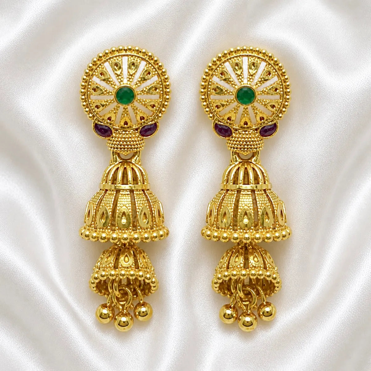 Gold Copper Ghungroo Leaf Mesh Temple Jhumki Earrings For Women