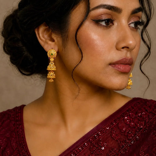 Gold Copper Ghungroo Leaf Mesh Temple Jhumki Earrings For Women