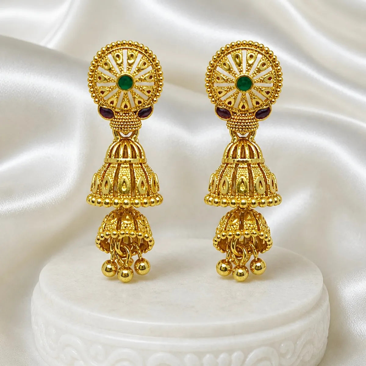 Gold Copper Ghungroo Leaf Mesh Temple Jhumki Earrings For Women