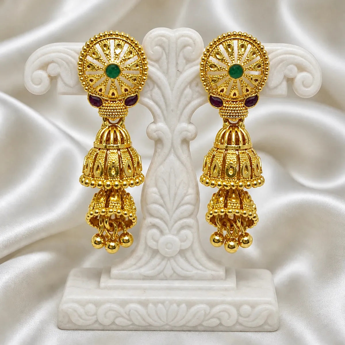 Gold Copper Ghungroo Leaf Mesh Temple Jhumki Earrings For Women