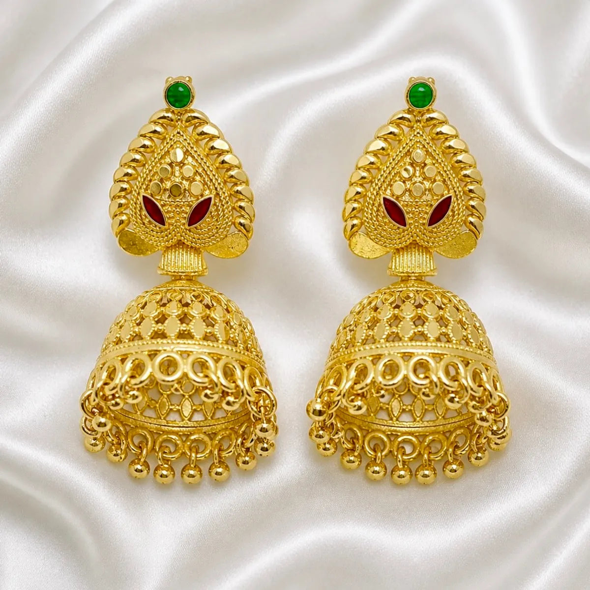 Gold Plated Meenakari Ghungroo Mesh Temple Jhumki Earrings