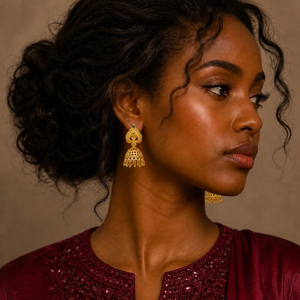 Gold Plated Meenakari Ghungroo Mesh Temple Jhumki Earrings