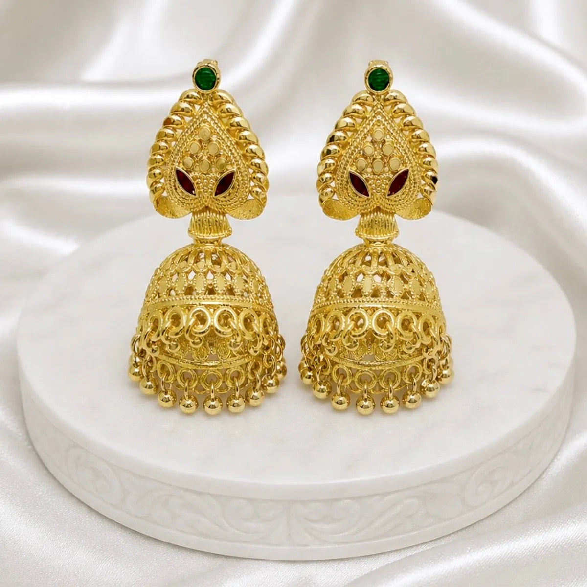 Gold Plated Meenakari Ghungroo Mesh Temple Jhumki Earrings