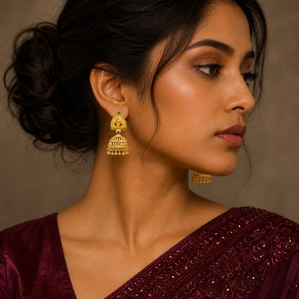Gold Plated Meenakari Ghungroo Mesh Temple Jhumki Earrings
