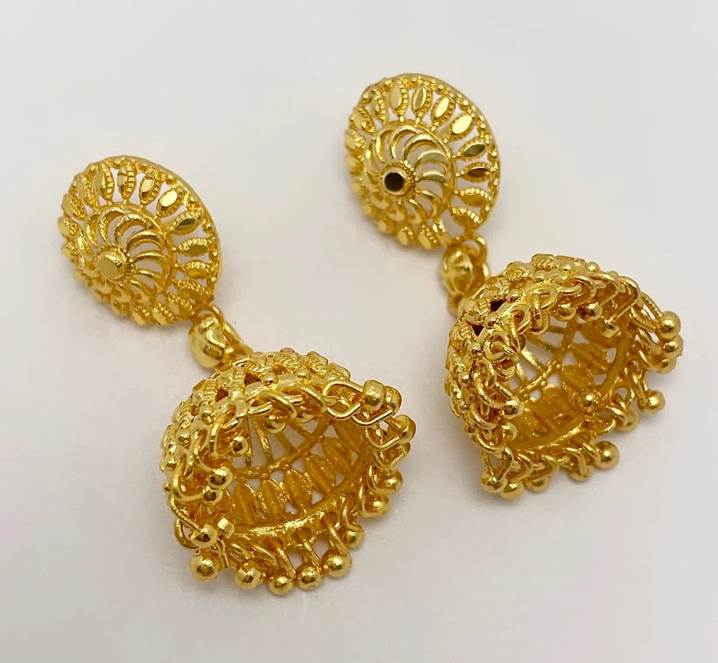 Gold Plated Petal Mesh Ghungroo Temple Jhumki Earrings For Women