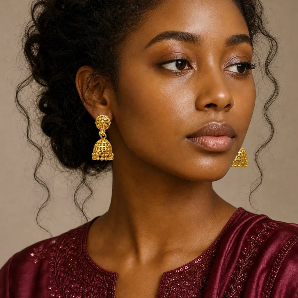 Gold Plated Floral Ghungroo Mesh Jhumki Earrings For Women