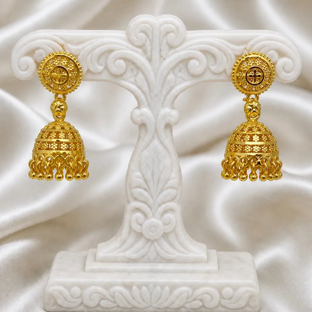 Gold Plated Floral Ghungroo Mesh Jhumki Earrings For Women