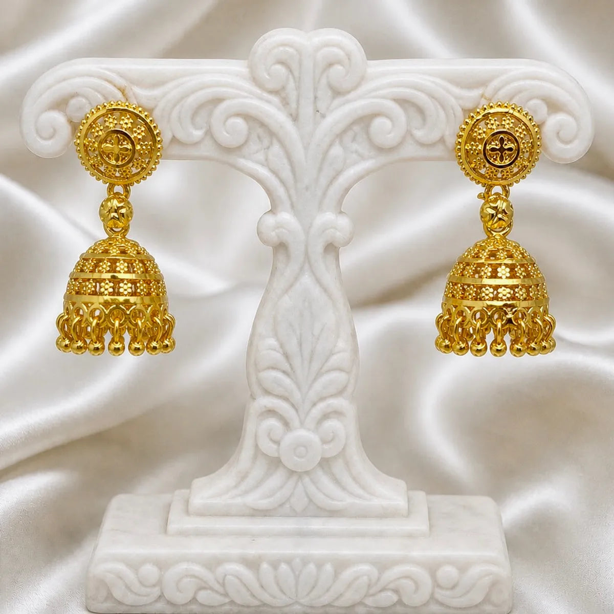 Gold Plated Floral Ghungroo Mesh Jhumki Earrings For Women