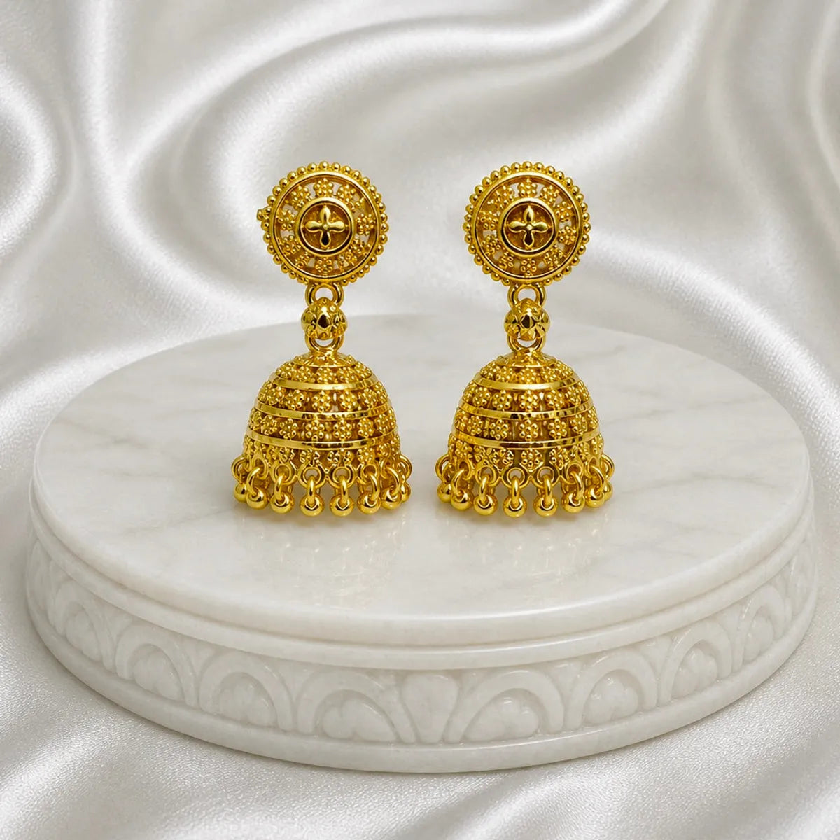 Gold Plated Floral Ghungroo Mesh Jhumki Earrings For Women