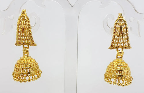 Gold Copper Temple Triangular Mesh Ghungroo Jhumki Earrings For Women