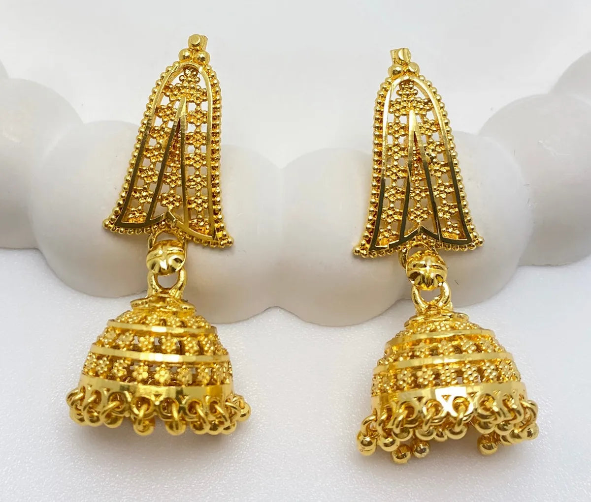Gold Copper Temple Triangular Mesh Ghungroo Jhumki Earrings For Women