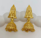 Gold Copper Temple Triangular Mesh Ghungroo Jhumki Earrings For Women