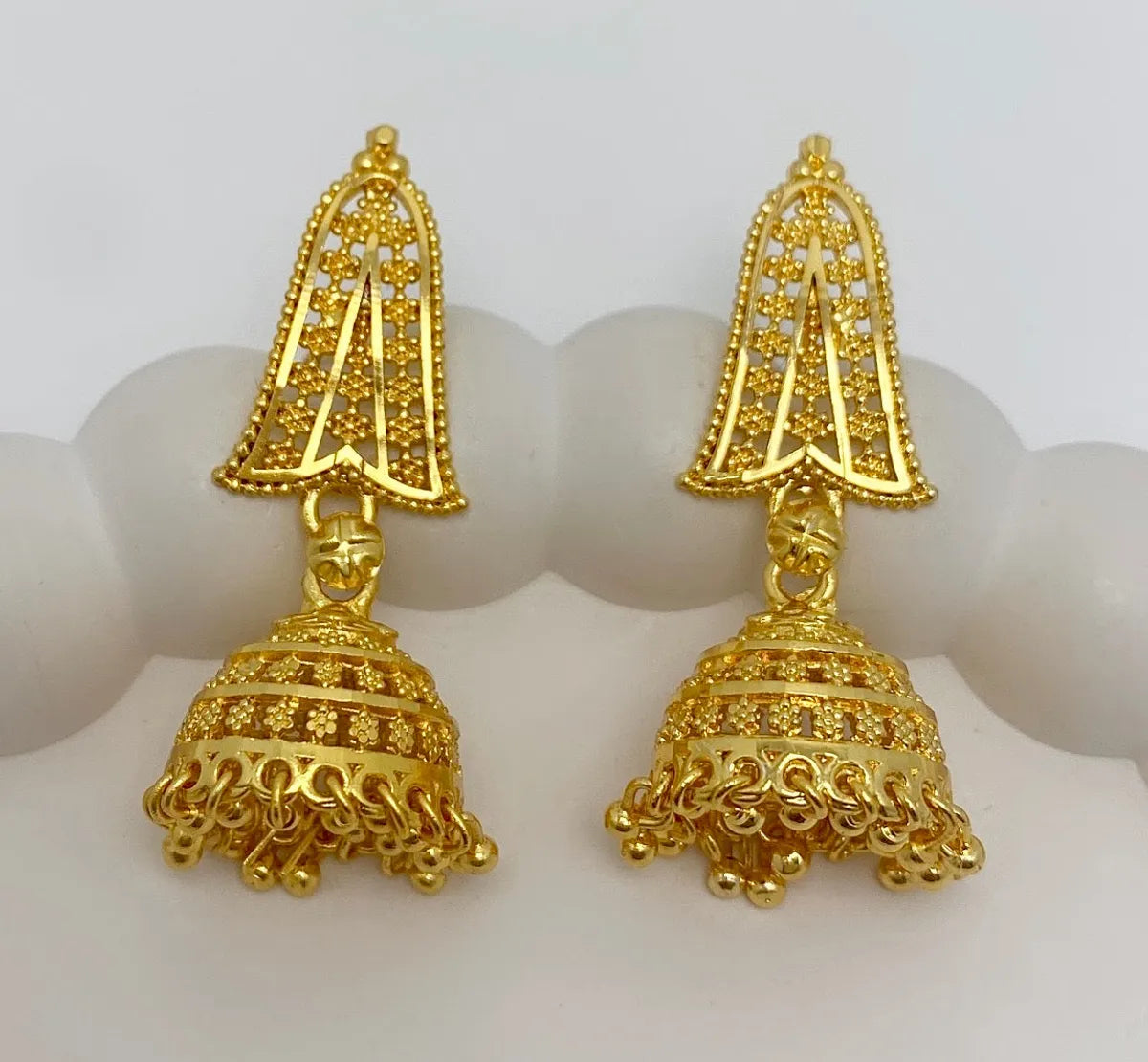 Gold Copper Temple Triangular Mesh Ghungroo Jhumki Earrings For Women