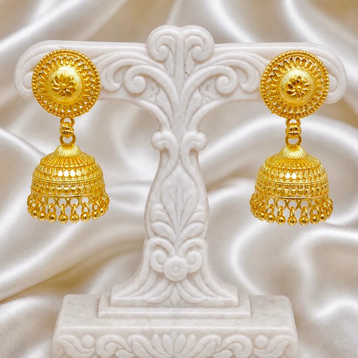 Gold Copper Coin Stud Mesh Temple Jhumki Earrings For Women