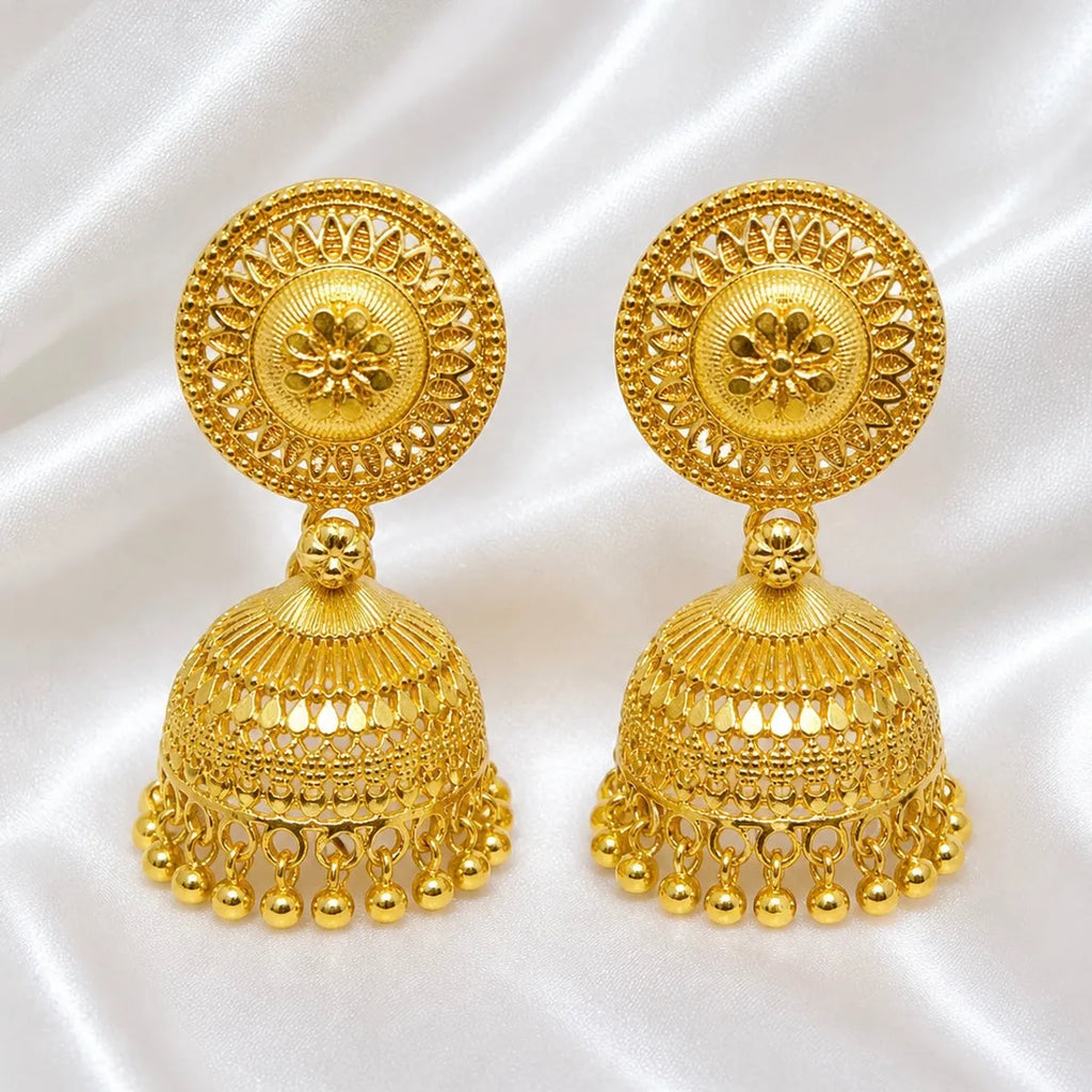 Gold Copper Coin Stud Mesh Temple Jhumki Earrings For Women