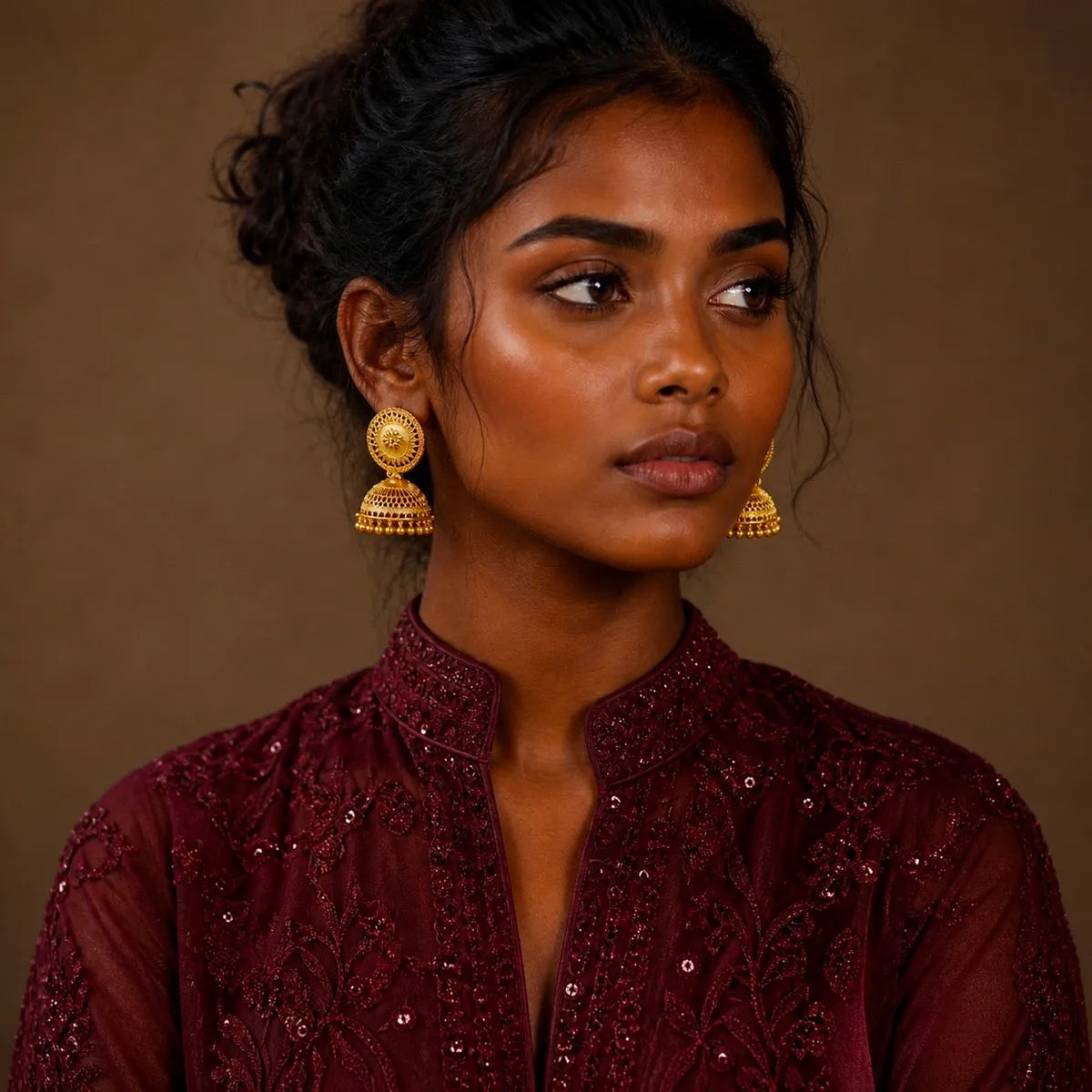 Gold Copper Coin Stud Mesh Temple Jhumki Earrings For Women
