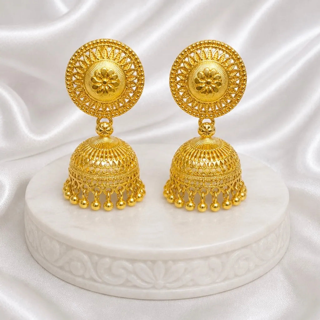 Gold Copper Coin Stud Mesh Temple Jhumki Earrings For Women