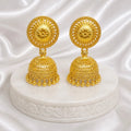 Gold Copper Coin Stud Mesh Temple Jhumki Earrings For Women