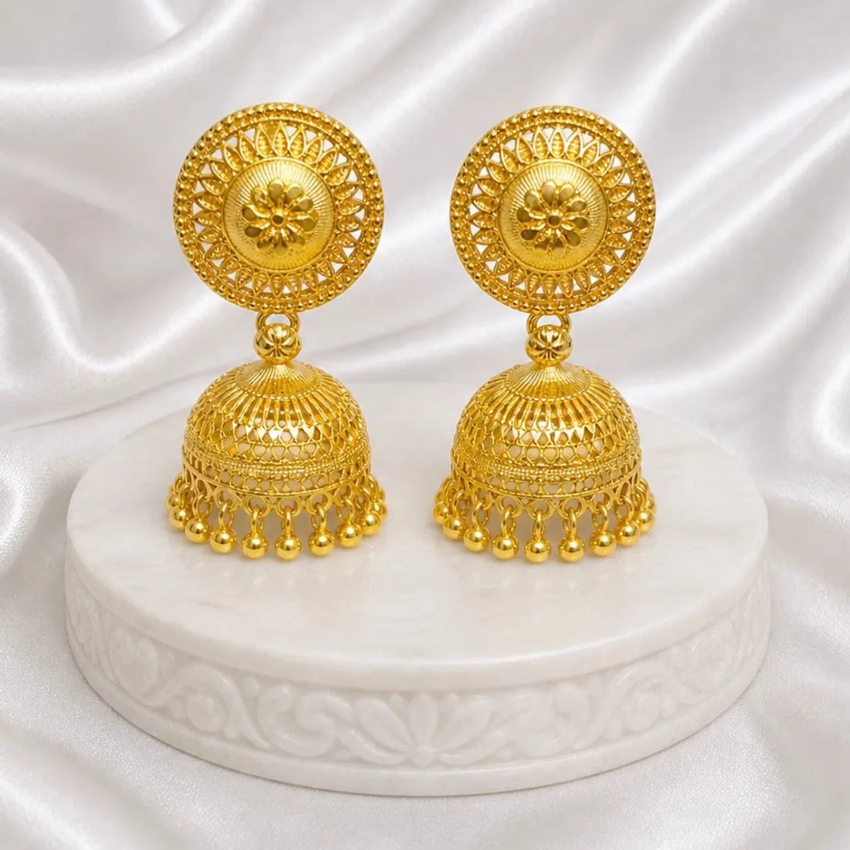Gold Copper Coin Stud Mesh Temple Jhumki Earrings For Women
