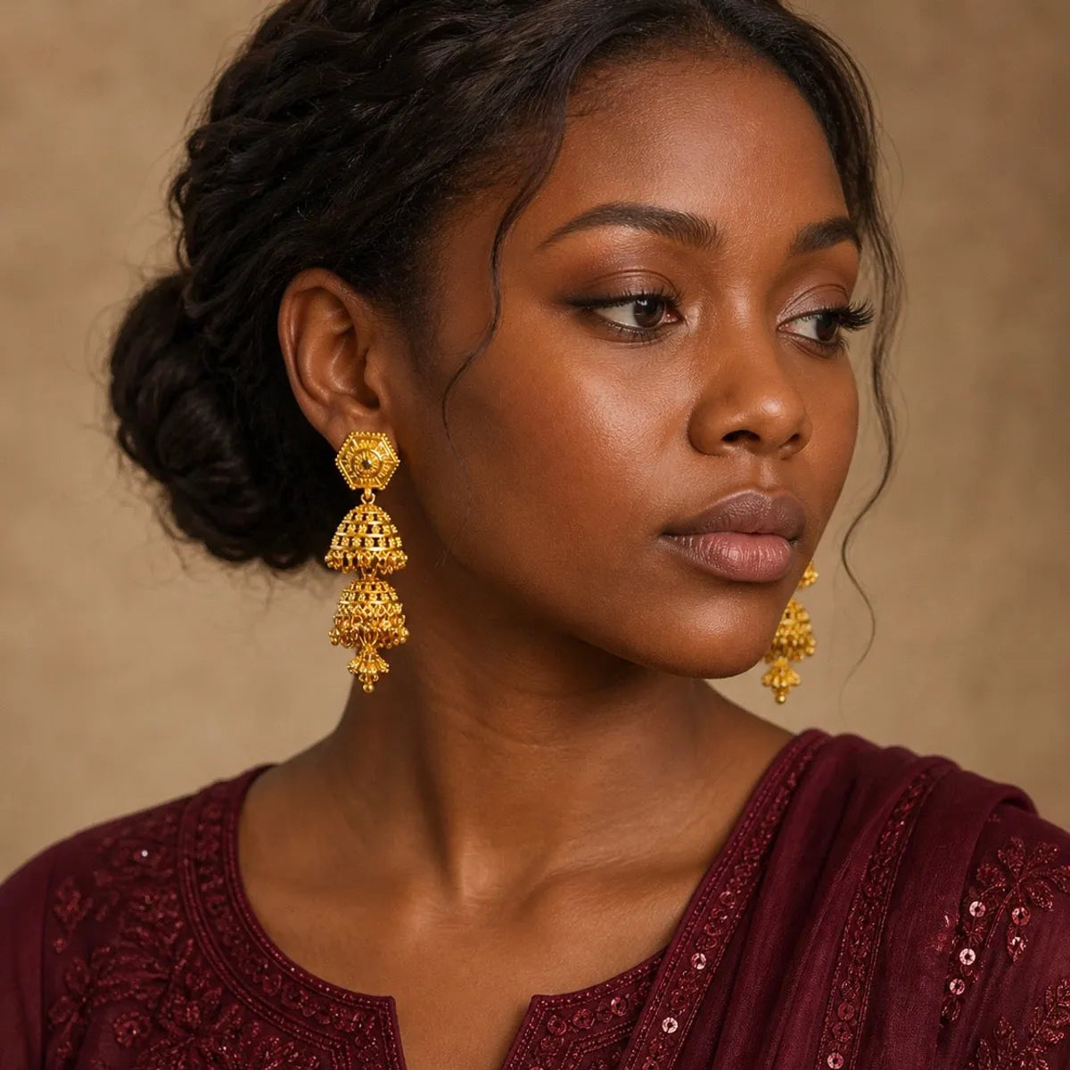 Gold Plated Copper Hexagonal Double Layer Ghungroo Jhumki Earrings