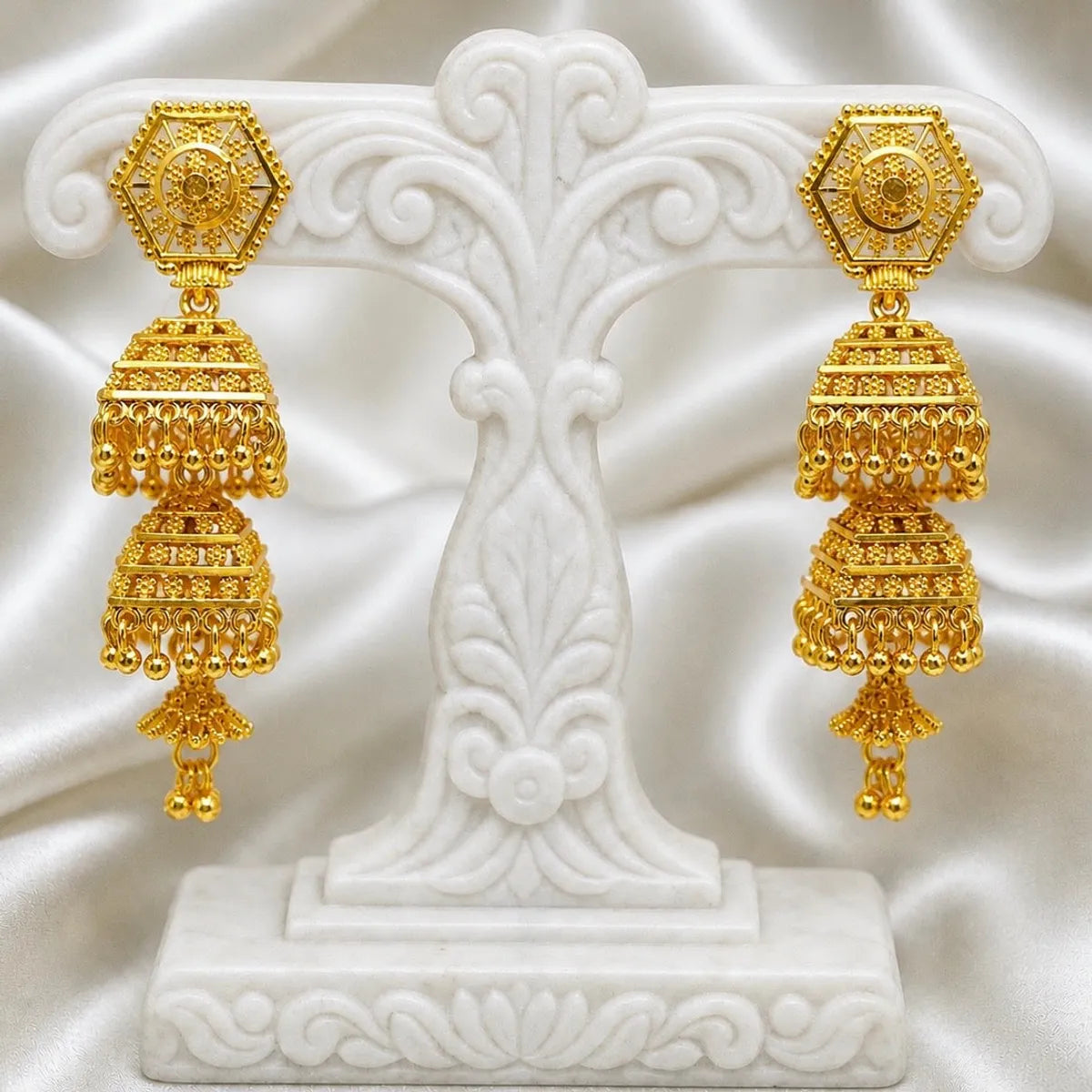 Gold Plated Copper Hexagonal Double Layer Ghungroo Jhumki Earrings