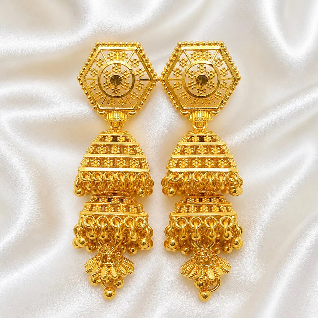 Gold Plated Copper Hexagonal Double Layer Ghungroo Jhumki Earrings