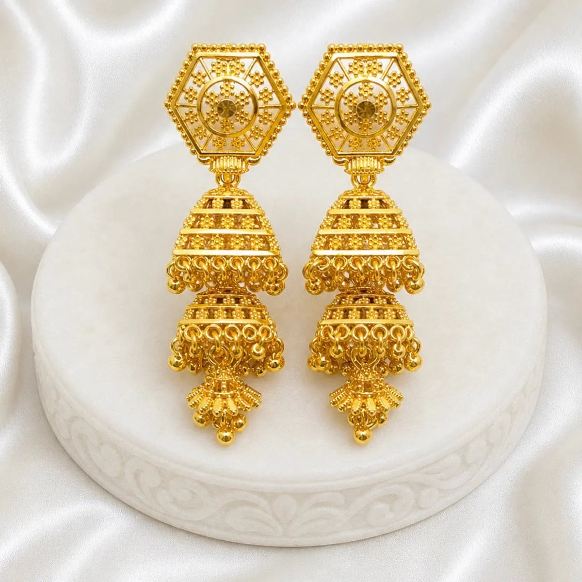 Gold Plated Copper Hexagonal Double Layer Ghungroo Jhumki Earrings