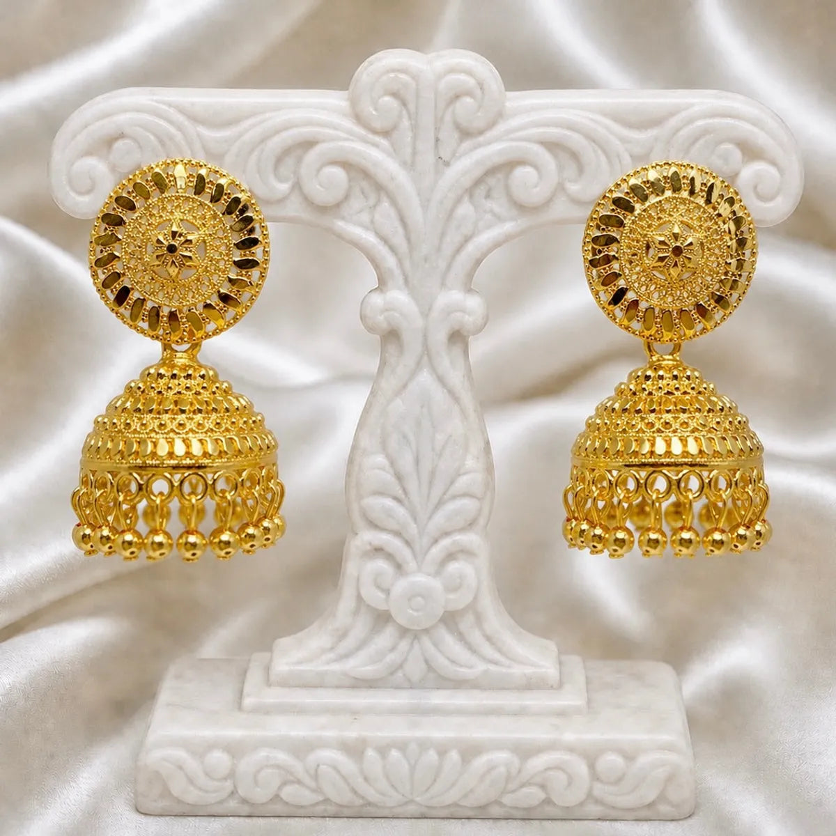 Gold Plated Disc Dome Ghungroo Temple Style Jhumka Earrings For Women