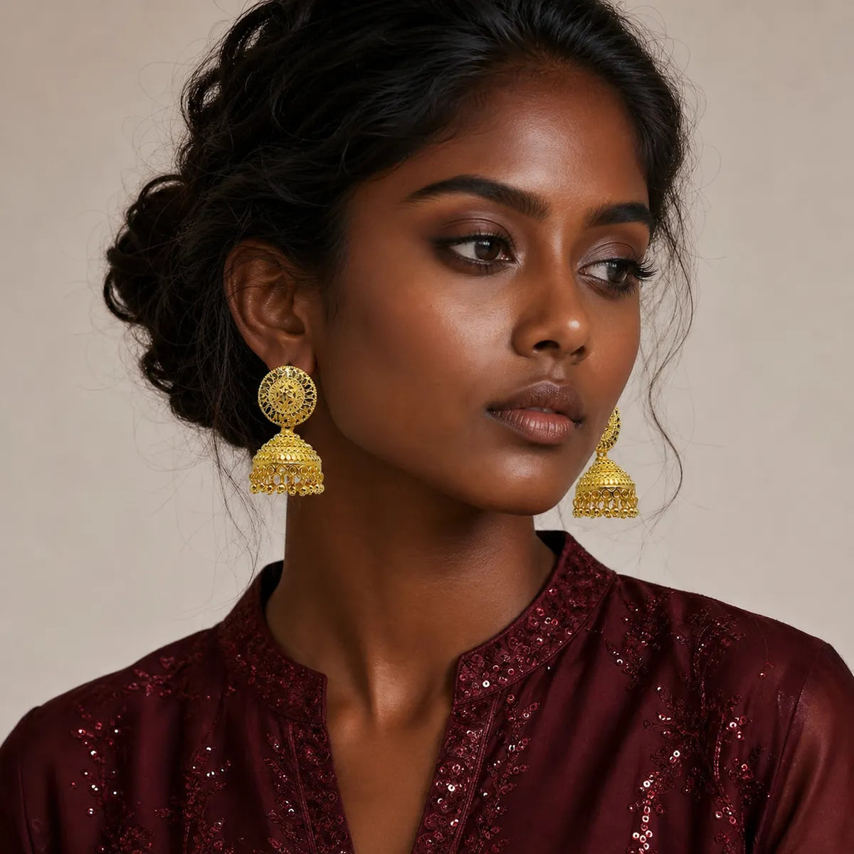 Gold Plated Disc Dome Ghungroo Temple Style Jhumka Earrings For Women