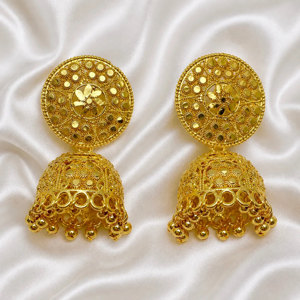 Gold Plated Floral Mesh Ghungroo Jhumka Earrings For Women