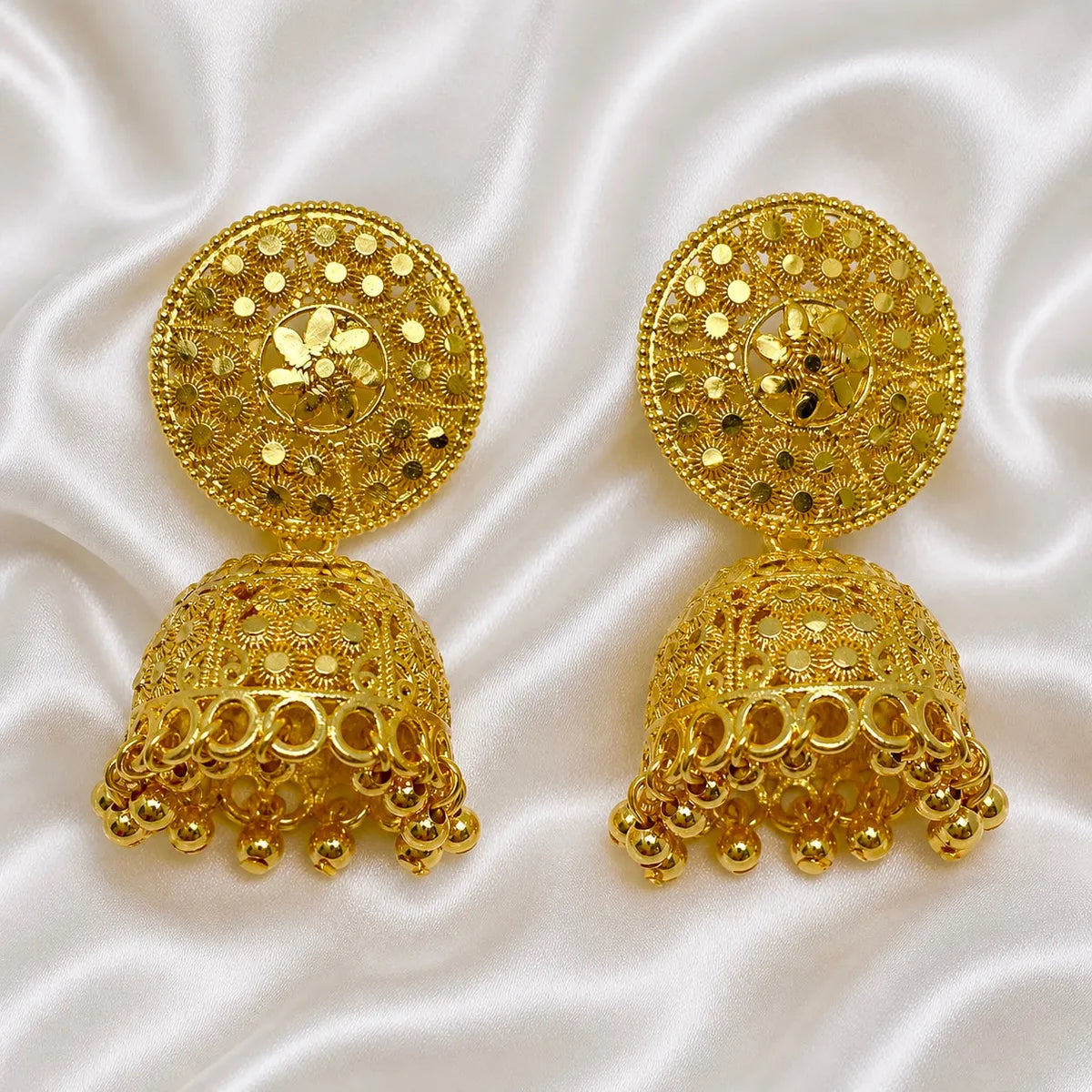 Gold Plated Floral Mesh Ghungroo Jhumka Earrings For Women