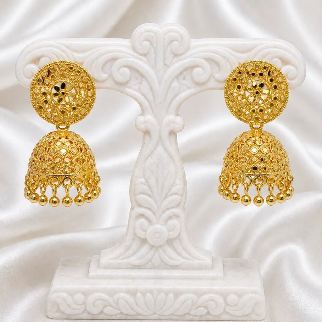 Gold Plated Floral Mesh Ghungroo Jhumka Earrings For Women