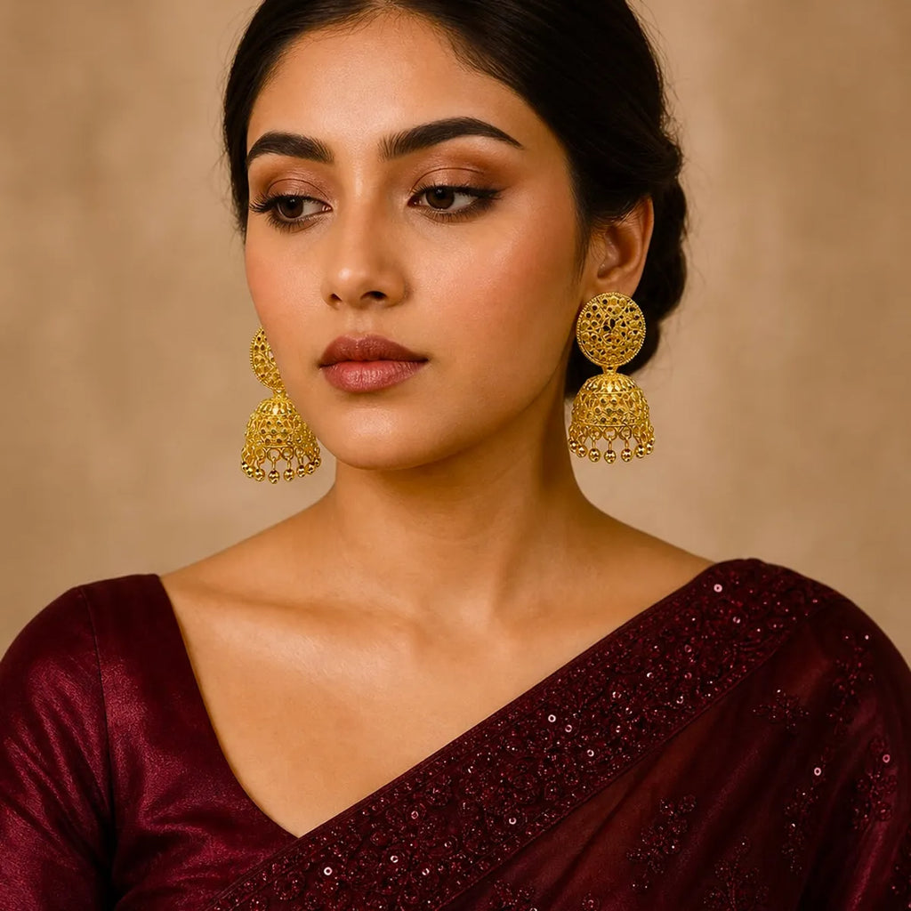 Gold Plated Floral Mesh Ghungroo Jhumka Earrings For Women
